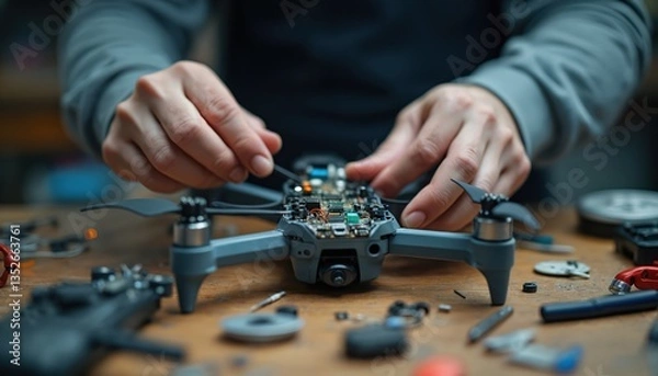 Fototapeta Technician repairing drone at workshop, close-up view. Hands fix electronic device, engineering process. Modern tech repair, precision assembly, maintenance, technical service. Drone components