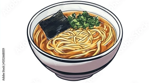 Fototapeta Bowl of Delicious Ramen Noodles with Seaweed and Greens Topping