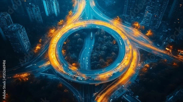 Fototapeta Aerial view of the highway intersection and overlooking the city at night.