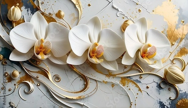 Fototapeta A close-up photograph of two white orchids with gold accents.