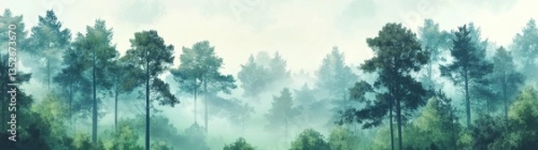 Obraz Beautiful green pine forest landscape with tall trees in a misty, foggy morning.