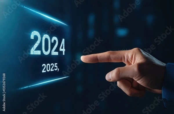 Fototapeta Countdown to a new year with a hand poised over the digital display transitioning from 2024 to 2025 in a futuristic setting