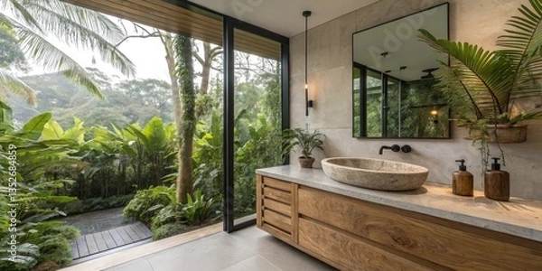 Fototapeta A refreshing bathroom filled with lush tropical plants, a wooden vanity with a stone sink, black matte fixtures, and soft natural lighting. A large window offers a serene jungle view.