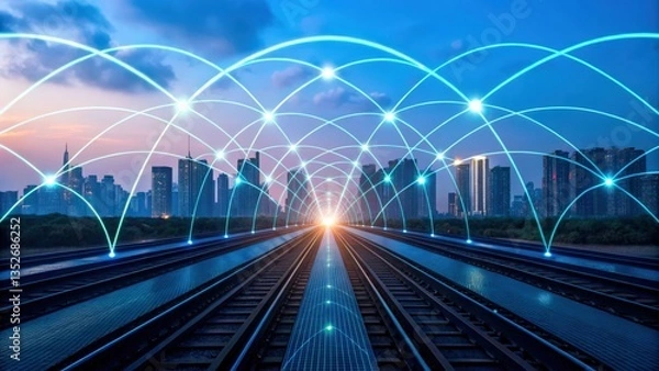Obraz A futuristic railway scene with a glowing horizon and digital connectivity lines intersecting a modern city skyline at dusk.