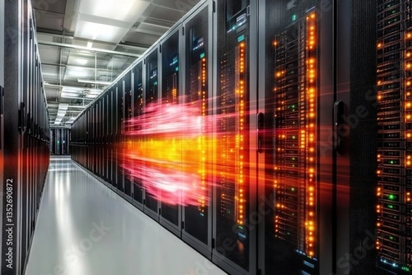 Obraz Data center showcasing high-speed servers with illuminated indicators during peak operational hours, emphasizing advanced technology and efficient data processing