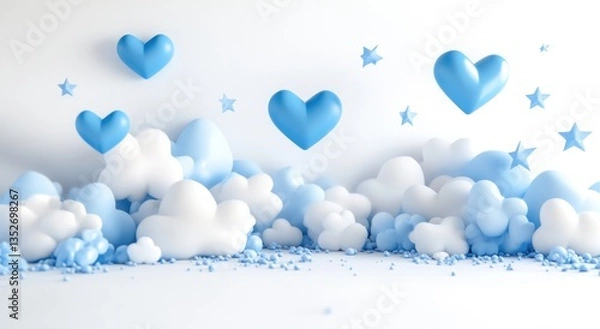 Fototapeta Blue hearts and clouds 3D rendering.
