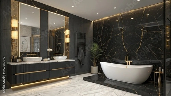 Fototapeta A sleek bathroom with black marble walls, gold-accented fixtures, a floating vanity, and a freestanding bathtub with soft under-glow lighting for a luxurious ambiance.