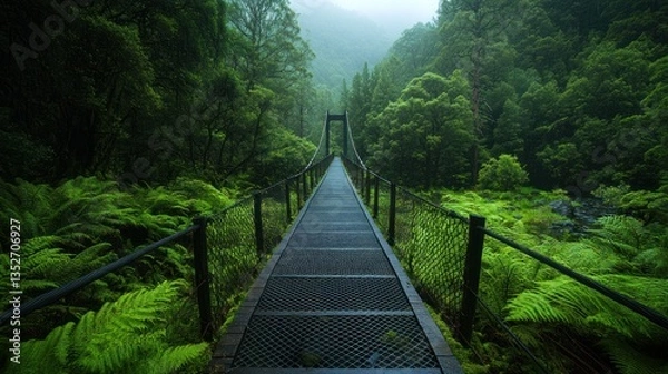 Fototapeta Misty rainforest suspension bridge. Lush greenery, ferns, and a metal bridge leading into a misty mountain valley