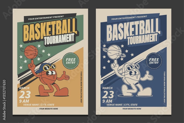 Obraz retro basketball tournament poster with vintage mascot character, vector, illustration