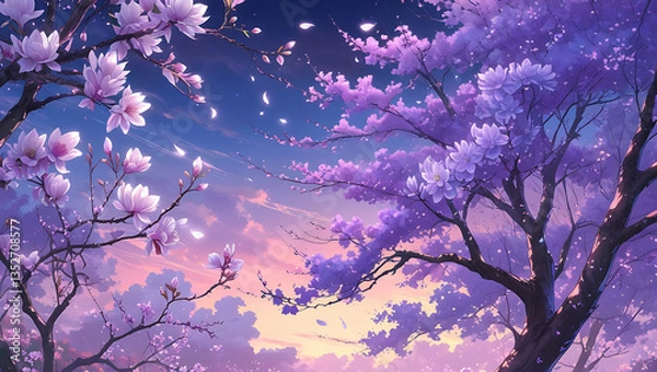 Fototapeta Pink sakura blossoms bloom on tree branches against a spring sky