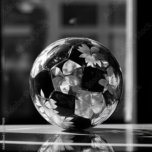 Fototapeta Black and White Silhouette Soccer Ball with Petals and Glass Reflection