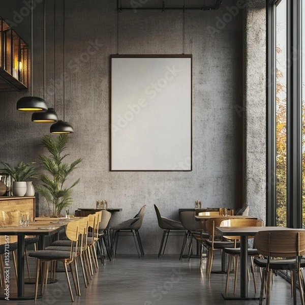 Fototapeta Blank poster mockup on modern textured wall in stylish cafe interior (3D Rendering) -