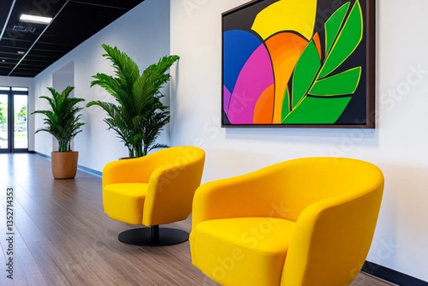 Fototapeta A Studio Photograph of a Vibrant and Inviting Office Featuring a Large Contemporary Painting on the Wall, Creating a Creative and Stimulating Atmosphere