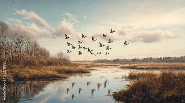Fototapeta Migration of waterfowl during autumn across a serene river landscape view