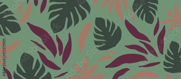 Fototapeta Cute botanical shapes pattern, random cutouts of tropical leaves and flowers, decorative abstract art vector illustration