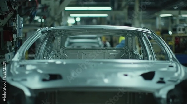 Fototapeta Automakers focus on production with multiple car frames lined up in a modern assembly facility during the daytime