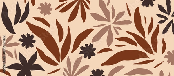 Fototapeta Background of Mocha mousse color of the year 2025 with cute botanical shapes. Abstract brown leafy wallpaper. Backdrop. Warm leaves texture close up. Mocha Mousse tan texture tropical leaves	