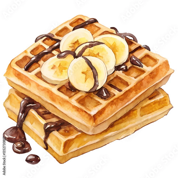Obraz Waffles with chocolate drizzle and banana. Watercolor isolated illustration. Food illustration.
