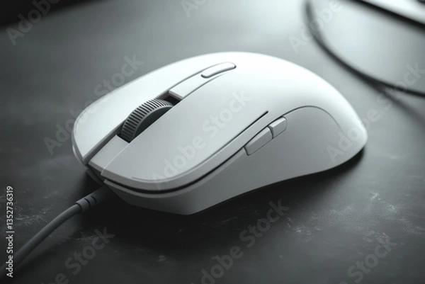 Fototapeta Modern white ergonomic computer mouse resting on dark desk