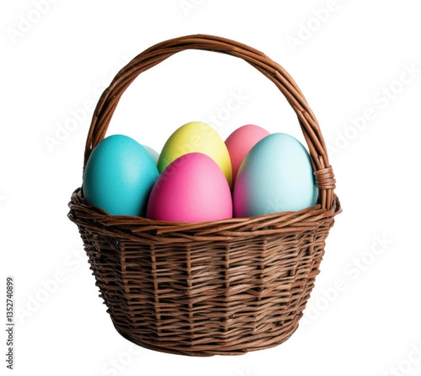 Fototapeta Colorful easter eggs in woven basket on black background, cut out