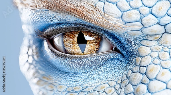 Fototapeta A hyper detailed close-up of a reptilian eye with vertical slit pupil, surrounded by textured blue and white scales. Realistic, alien, and animal features merge seamlessly.