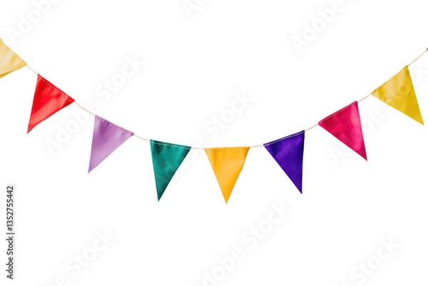 Fototapeta Colorful triangular pennant banner hanging against a plain white wall background decoration party