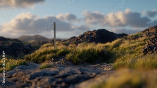 Fototapeta Solitary marker pole stands amid rugged landscape under soft sky illumination