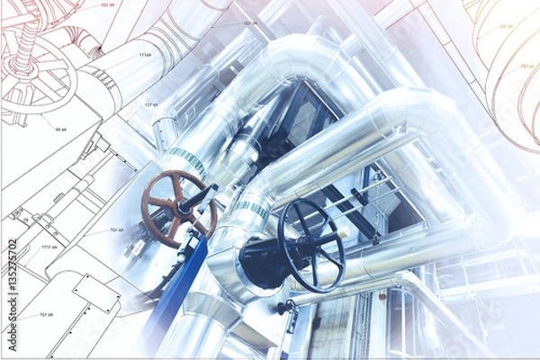Fototapeta wireframe computer cad design of pipelines for modern industrial