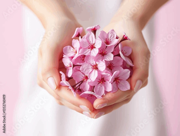 Fototapeta pair of hands gently cupping a cluster of delicate pink cherry blossoms. The hands have a light skin tone with neatly manicured nails painted in a soft, neutral shade