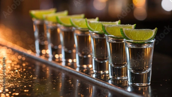 Obraz Celebrate cinco de mayo with row of tequila shots garnished with fresh lime slices ready for enjoyment