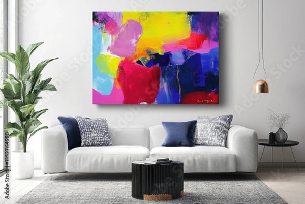Fototapeta Large colorful abstract painting adds a pop of color to a modern living room