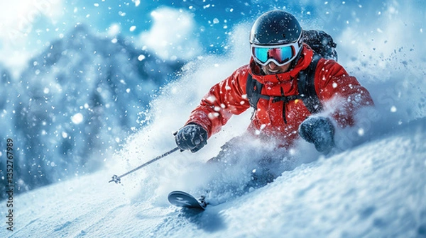 Fototapeta Skier in Red Jacket Gliding Down Snowy Slope