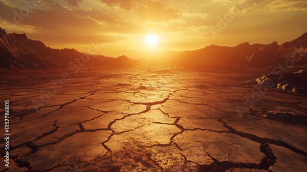Fototapeta A cracked desert floor under a blazing sun, sunset in the desert, sunset over the desert, cracked earth in the desert, earth in the desert