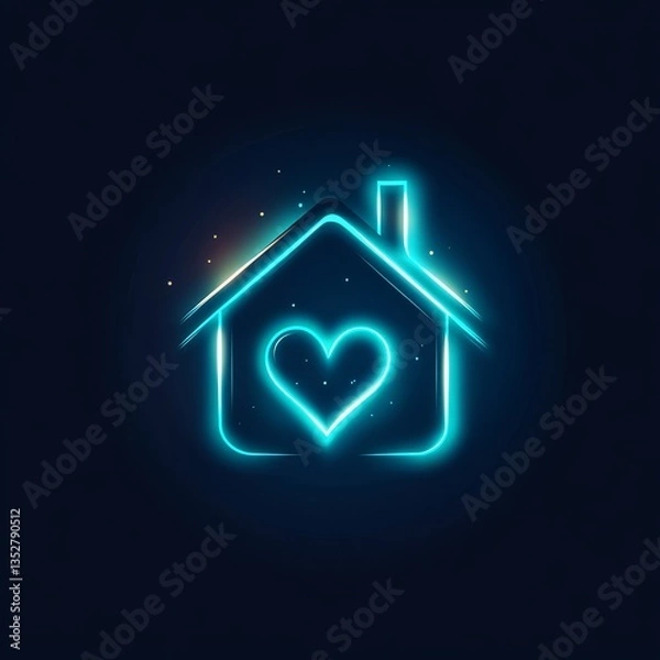 Fototapeta Neon House with Heart: A Symbol of Home and Love, Shining Brightly in the Darkness of Night