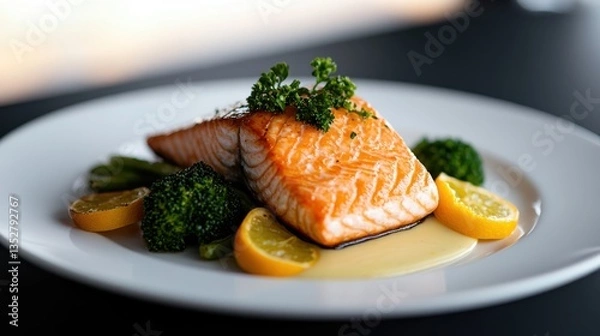 Obraz A beautifully plated farm-fresh salmon dish serve  with vibrant broccoli and garnishes on a rustic table
