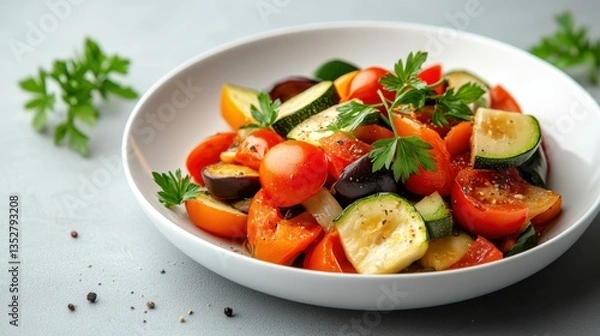 Obraz A beautifully presented ratatouille with vibrant colors fresh vegetables herbs and an artistic arrangement on a rustic wooden table setting