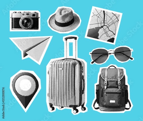 Fototapeta travel objects collection, retro halftone effect set, camera, luggage, hat, map, sunglasses, paper plane, location pin