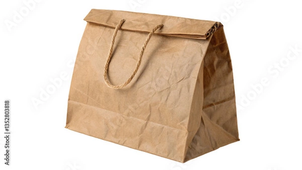 Fototapeta Rustic kraft paper bag with rope handles for eco-friendly packaging. bag, paper, kraft, brown, eco, sustainable, packaging, recycle, grocery, biodegradable, organic, retail, handle, delivery, folded.