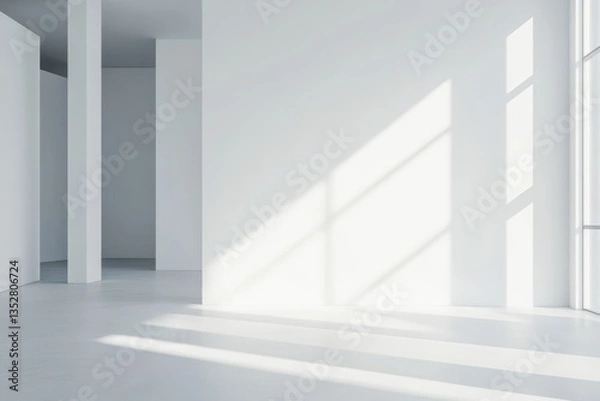Fototapeta A bright white room with sunlight streaming through the window casting shadows on the wall and floor space