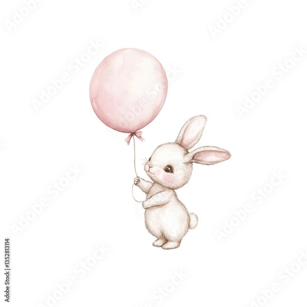 Fototapeta A soft watercolor depiction of a baby bunny happily holding a pink balloon, radiating charm and sweetness with a transparent backdrop.