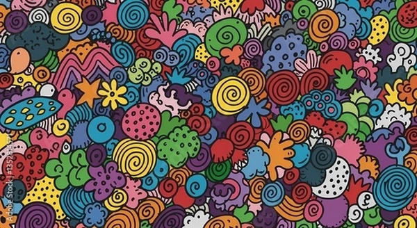 Fototapeta A playful hand-drawn doodle pattern with random shapes.