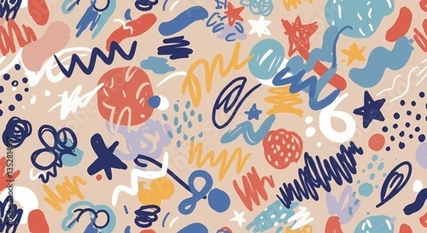Fototapeta A playful hand-drawn doodle pattern with random shapes.