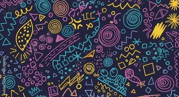 Fototapeta A playful hand-drawn doodle pattern with random shapes.
