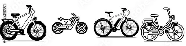 Fototapeta Illustration of various bicycles and an electric motorcycle lined up against a plain background