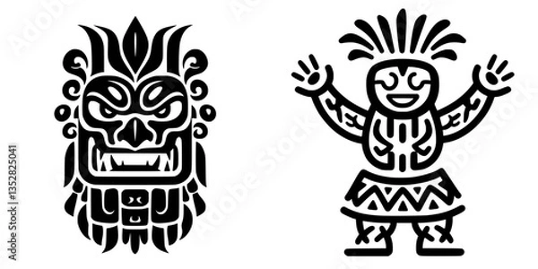 Fototapeta Intricate tribal design featuring a fierce mask and a cheerful dancer with traditional attire