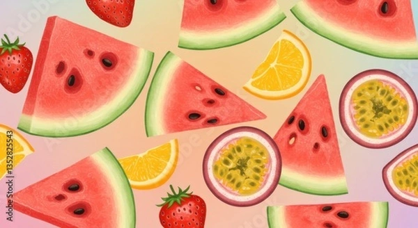Fototapeta Summer Fruit Juice Pattern with Watermelon Passionfruit and Strawberry Slices - Vibrant summer fruit pattern featuring juicy watermelon, sweet strawberries, tangy passionfruit