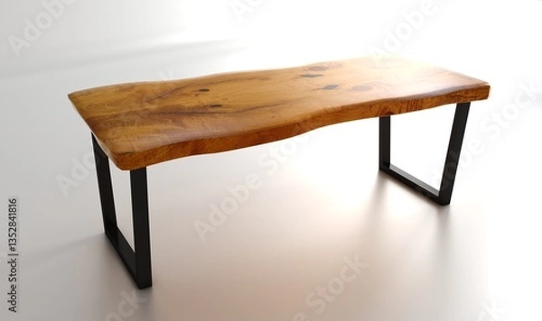 Fototapeta Wooden lacquered table with black metal legs on white background. Modern live edge elm slab coffee table with inner knot in bizarre pattern shape and tree table.