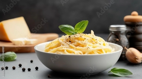 Obraz A bowl of homemade cacio e pepe with fresh cracke delicious pasta dish topped with cheese and spices perfect for gourmet lovers and italian cuisine enthusiasts