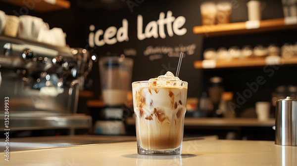 Fototapeta A glass of iced latte sits on a counter in front of a sign that says iced latte