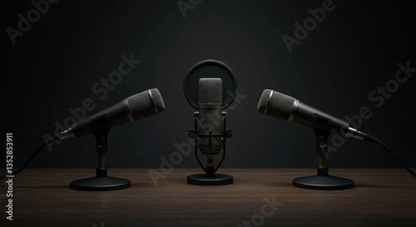 Fototapeta Three Microphones on Table - Three professional microphones set up on a dark wooden table against a dark background, ready for recording